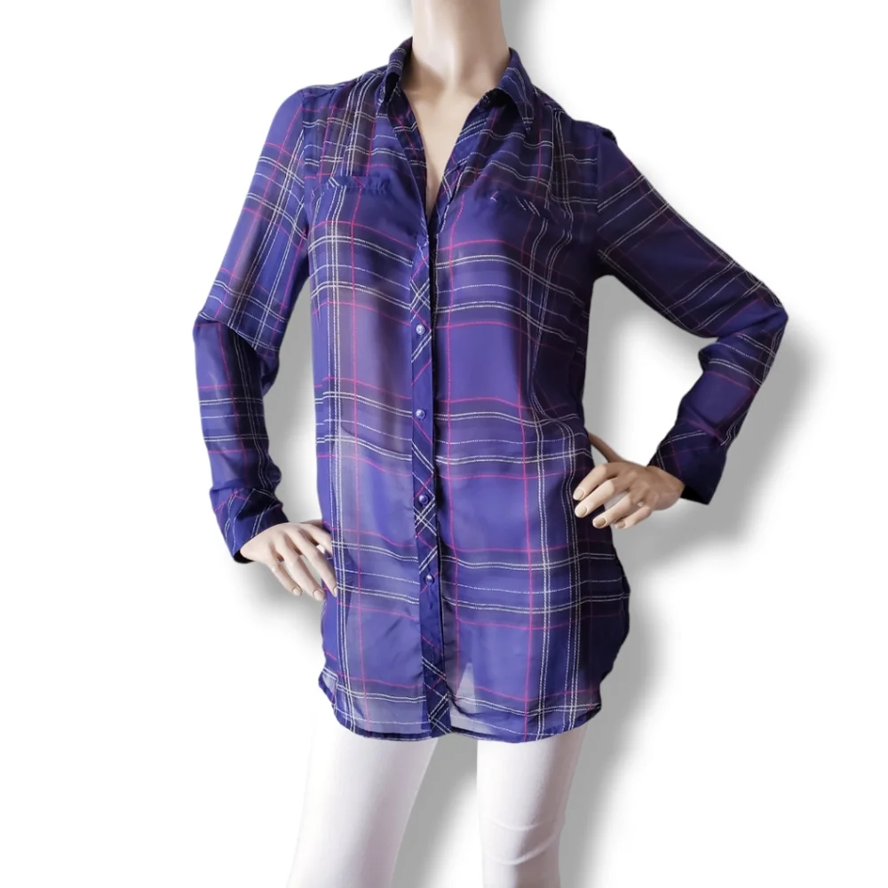 Guess Purple & Pink Plaid Print Chiffon Sheer Long Sleeve Blouse Size Small - Picture 5 of 8